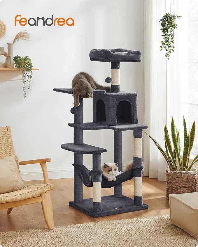 Feandrea Cat Tree, 55.1-Inch Cat Tower, Plush Multi-Level Condo with 4 Scratching Posts, 2 Perches, Hammock, Cave, Smoky Gray UPCT161G01