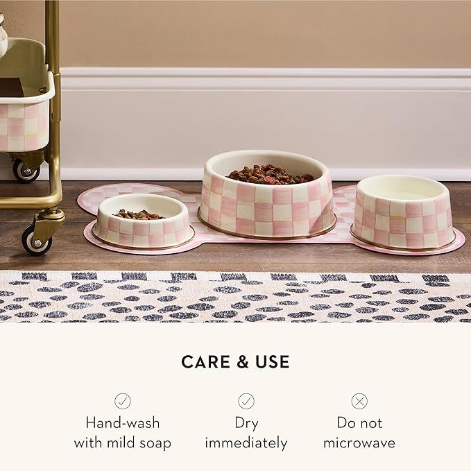 MACKENZIE-CHILDS Enamel Pet Bowl, Cute Cat and Dog Bowl for Food and Water, Medium, Pink-and-White Rosy Check