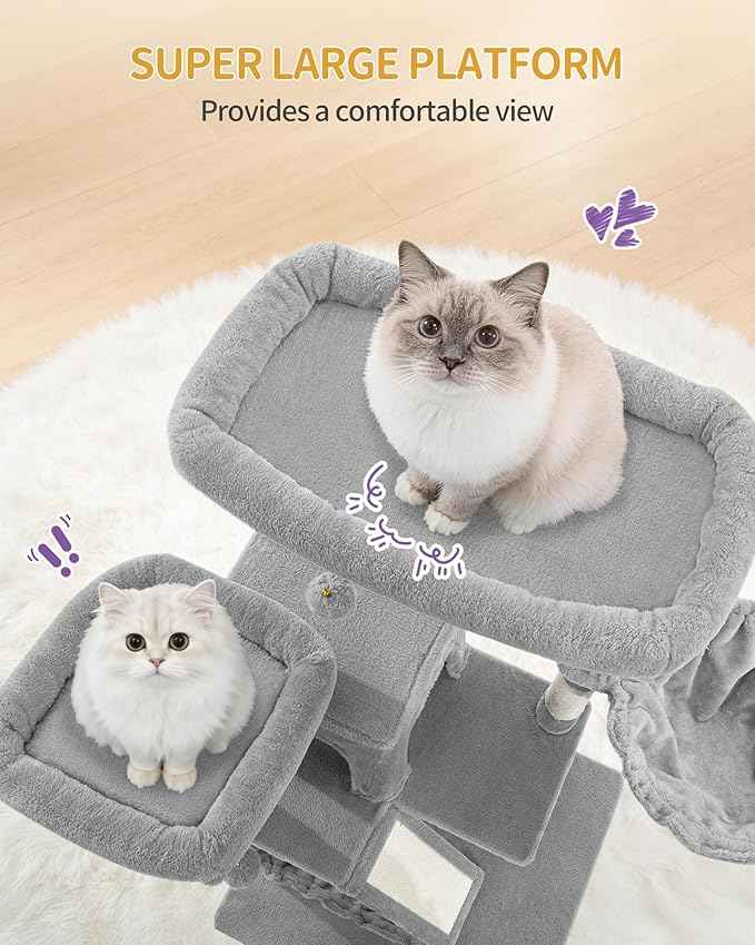 Large Cat Tree, 72 Inch Tall Indoor Cat Tower for 6 Large Cats, Corner Climbing Activity Pet Condo with 2 Large Platforms/2 Cats House/6 Scratching Post/1 Hanging Basket, Light Gray MS18318LG