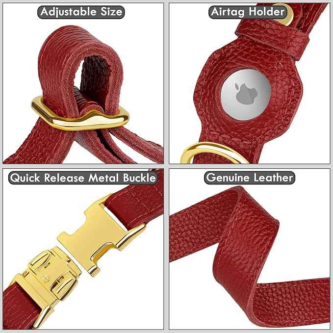 Leather Airtag Dog Collar - Soft Tracking Dog Collar with Apple AirTag Holder and Metal Buckle - Safety GPS Pet Collars for Small Medium Large Dogs Puppy Pink Red (Red, XS, 9"-12" Neck Fit)