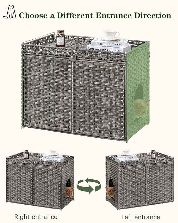Cat Litter Box Enclosure Furniture, Handwoven Rattan Hidden Litter Box with Mat, Large Space Cat House with 2 S-Shaped Hooks 30.3 x 18.3 x 24.4 Inches, Indoor for Living Room Apartment Gray