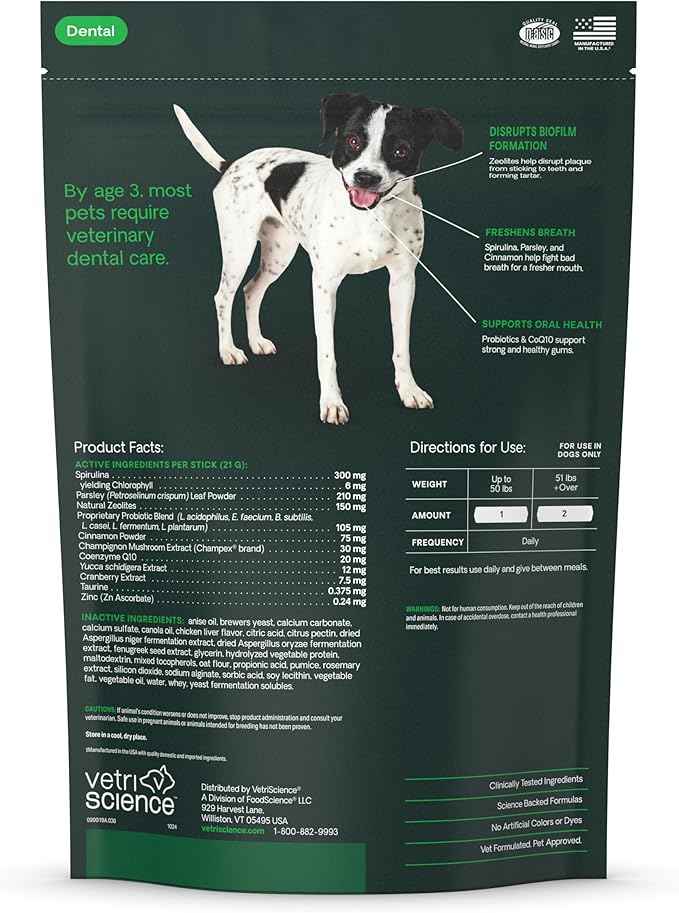 VetriScience Healthy Mouth Dental Chews, Perio Plus Sticks for Dogs, with Probiotics, Spirulina & Zeolites, Breath Freshening, Plaque & Tartar Control, Chicken, 30 Count