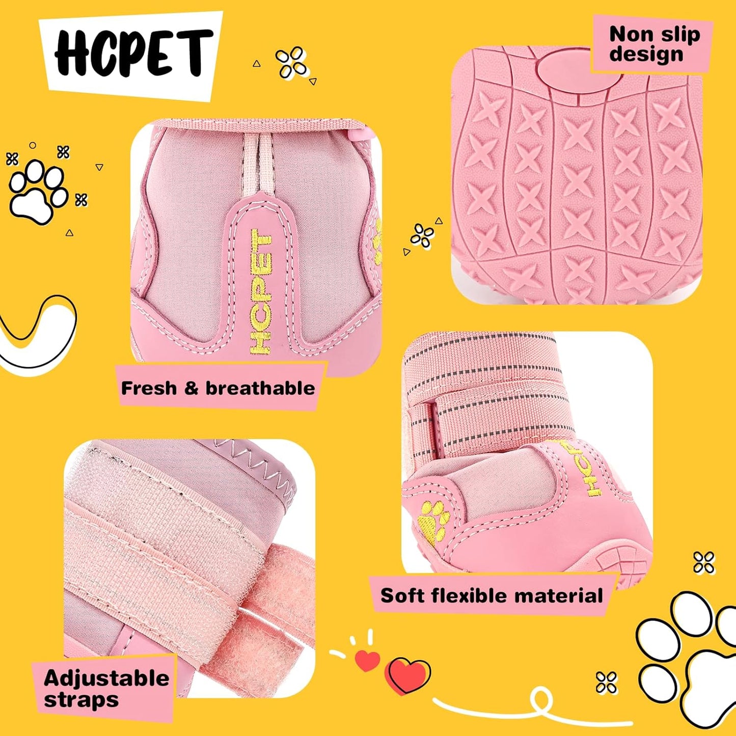 Hcpet Dog Shoes, Dog Boots for Large Dogs, Breathable Dog Booties Paw Protector for Summer Hot Pavement, Winter Snowy Day, Outdoor Walking, Indoor Hardfloors Anti Slip Sole Pink Size 7
