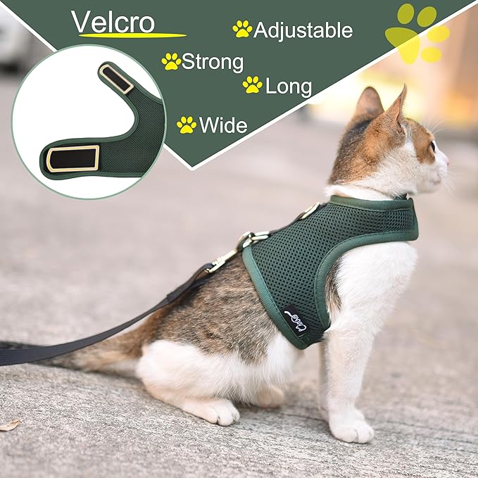 Cat Harness and Leash for Walking Escape Proof Breathable Mesh Fabric, Solid Green, Medium, Adjustable Cat Walking Jackets, Padded Stylish Cat Vest
