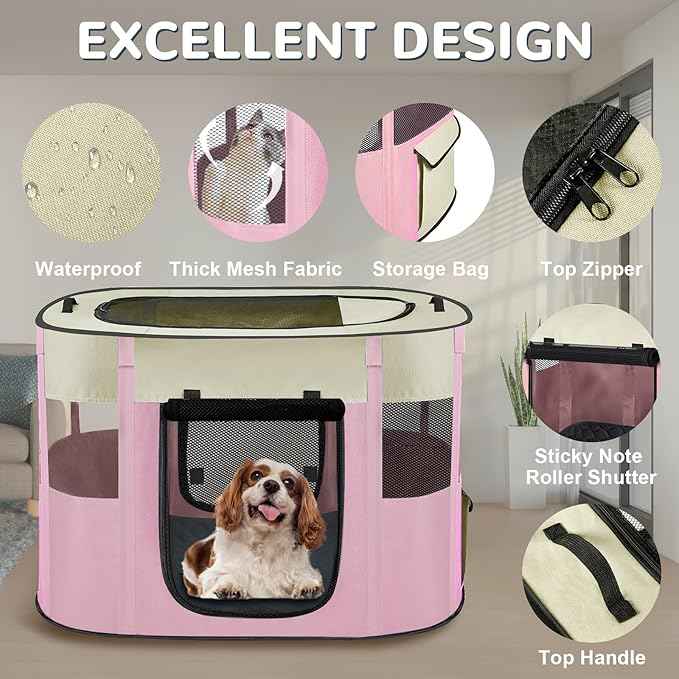 Pet Dog Cat Playpen with Waterproof Pad,Portable Puppy Kitten Rabbit Crate and Other Small Animals Kennel Cage Tent for Indoor Outdoor Travel Camping,Water-Resistant Breathable Shade Cover (Pink S)