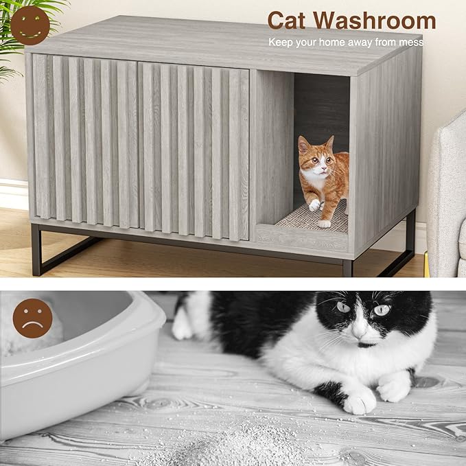 Litter Box Enclosure, Modern Cat Litter Box Enclosure Furniture Hidden Litter Box with Cat Scratch Pad, Cat Washroom Cat House End Table, Entryway Bench for Livingroom (Grey)