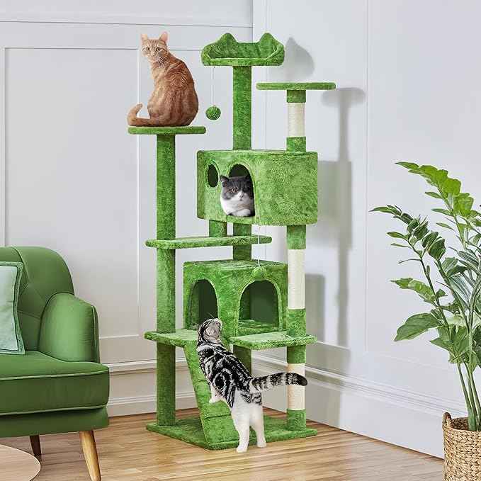 Yaheetech 62in Cat Tree Cat Tower for Indoor Kittens, Pet Furniture w/Double Condo, Scratching Posts, Multiple Platforms and Balls for Kitty, Green