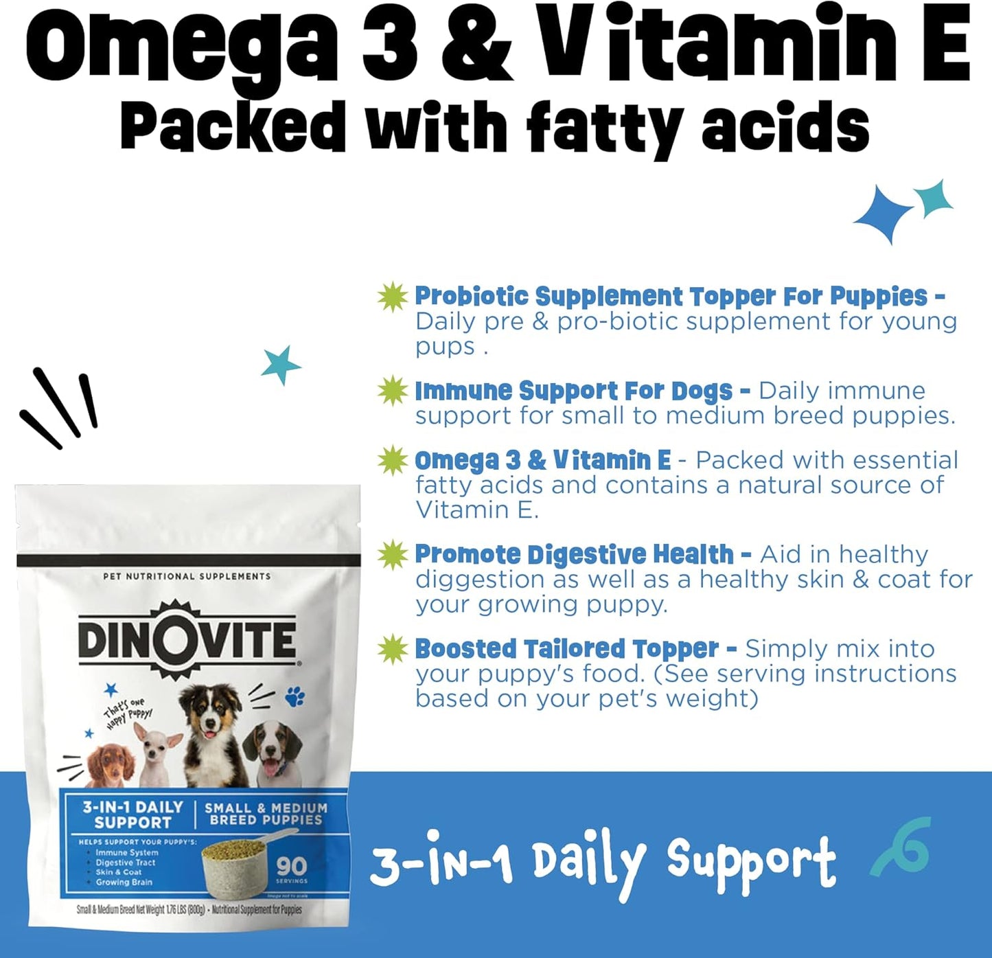 Dinovite 3 in 1 Probiotic for Puppies, Skin & Coat, Digestive Health & Joint Relief, Dog Food Toppers, Salmon Oil, Glucosamine, Allergy Relief & Itch Relief Skin Care, 90 Servings (Puppy)