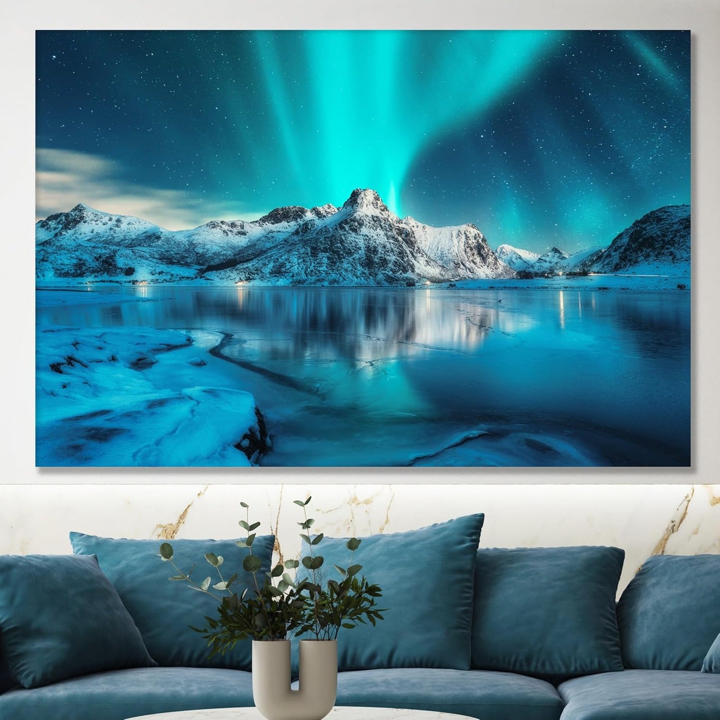 Nature Wall Art Prints - Ocean Forest Mountain Lake Canvas Landscapes - Small to Extra Large Living Room Bedroom Kitchen Bathroom Décor (Northern Lights Over Lake, 16L" x 24W")
