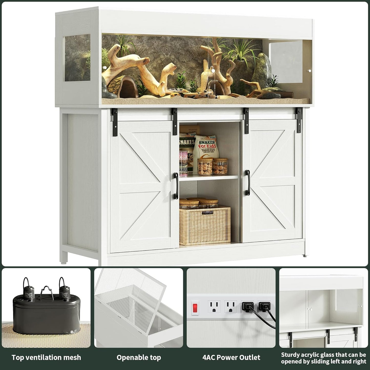 60 Gallon Reptile Terrarium with Stand, Terrarium Enclosure with Acrylic Doors, Storage Cabinet with Barn Door, Mesh Lid & Power Outlet – Vivarium Habitat for Medium Reptiles White PX05RTW - FurryFun