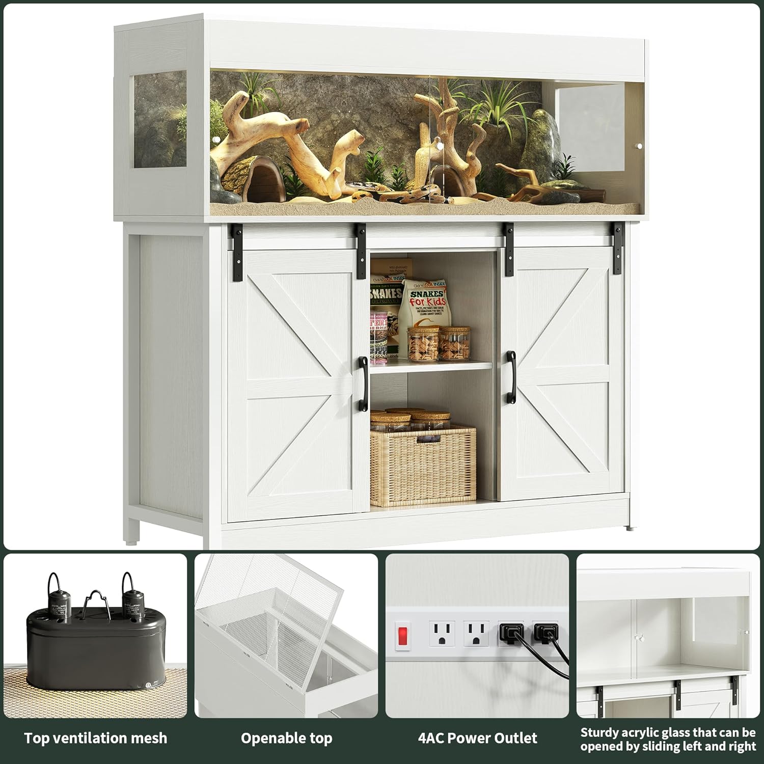 60 Gallon Reptile Terrarium with Stand, Terrarium Enclosure with Acrylic Doors, Storage Cabinet with Barn Door, Mesh Lid & Power Outlet – Vivarium Habitat for Medium Reptiles White PX05RTW - FurryFun