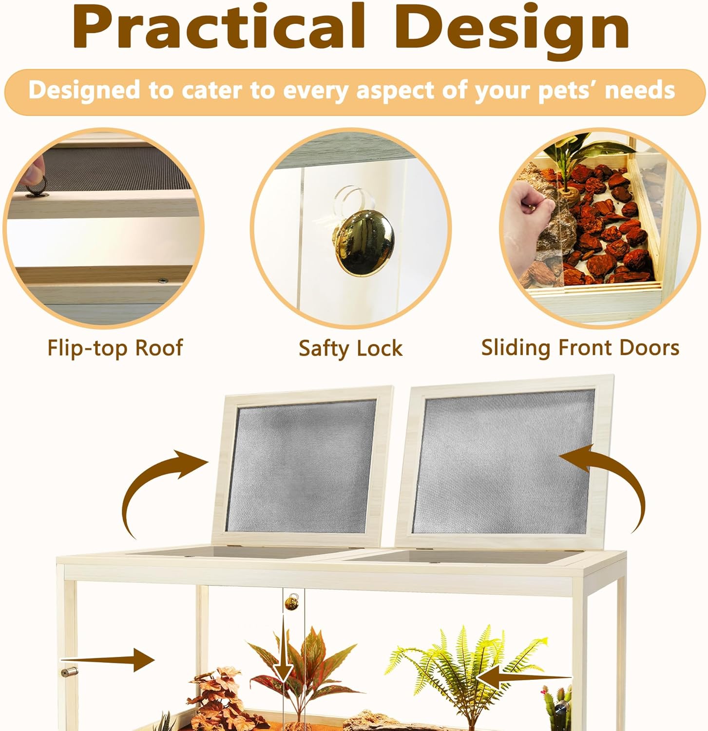 Prolee Reptile Terrarium Tank Up to 78 Gallon, Lizard Tank Bearded Dragon Tank with Metal Mesh Roof Door, Snake Tank with Lock Design (Oak, 78 Gallon Volume, 48 Inch Length) - FurryFun