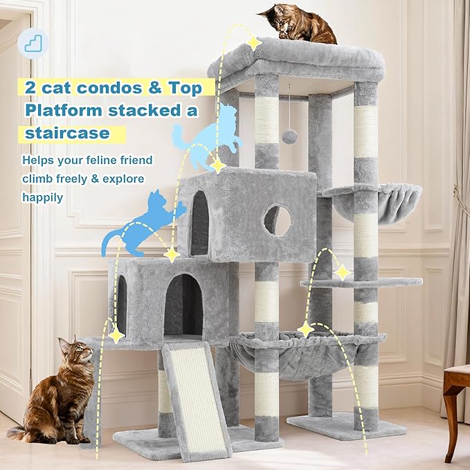Hey-brother Cat Tree Tower, Scratching Posts with Big Platform, 2 Condos, Spacious Hammock, Cozy Basket, Sisal Board for Indoor Large Adults, 50 Inches Progressive Climbing House, Light Gray MPJ071W