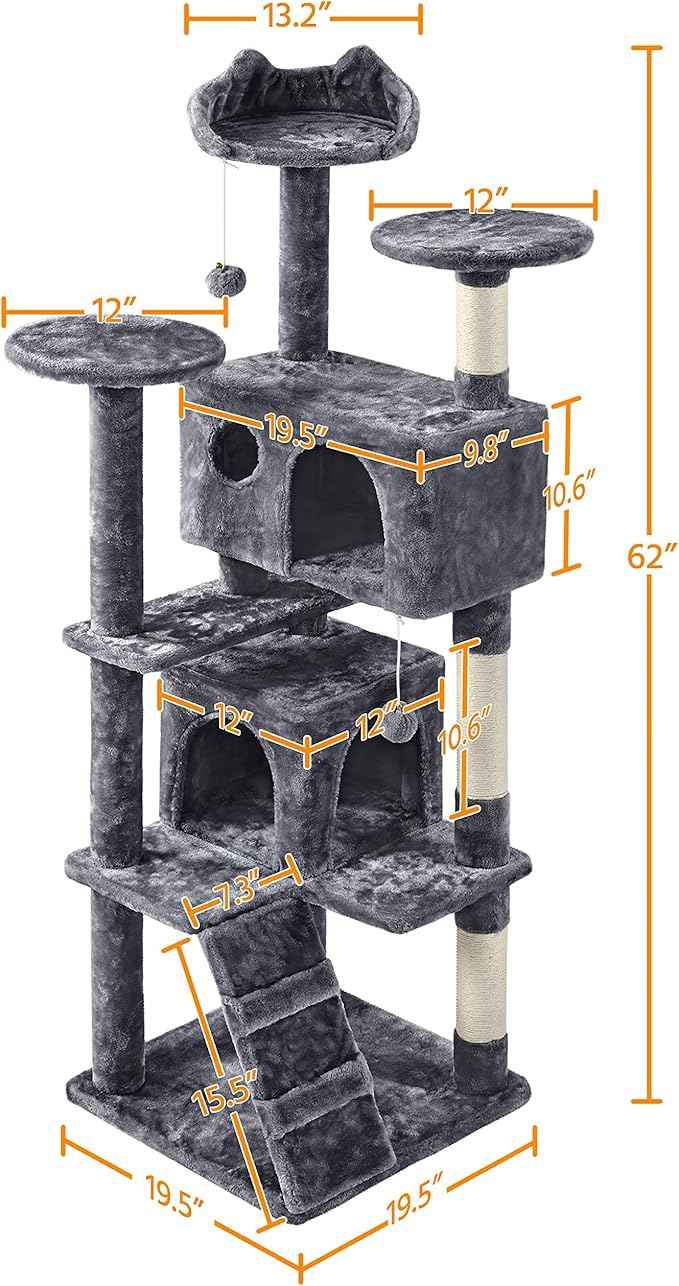 Yaheetech 62in Cat Tree Cat Tower for Indoor Kitty, Pet Furniture w/Double Condo, Scratching Posts, Multiple Platforms and Balls for Kittens, Dark Gray