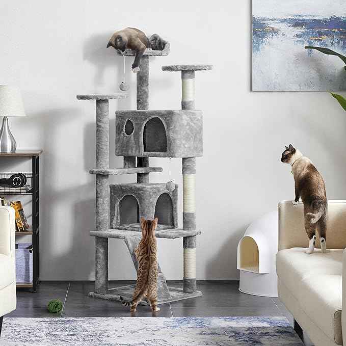 Yaheetech 62in Cat Tree Cat Tower for Indoor Kitty, Pet Furniture w/Double Condo, Scratching Posts, Multiple Platforms and Balls for Kittens, Light Gray