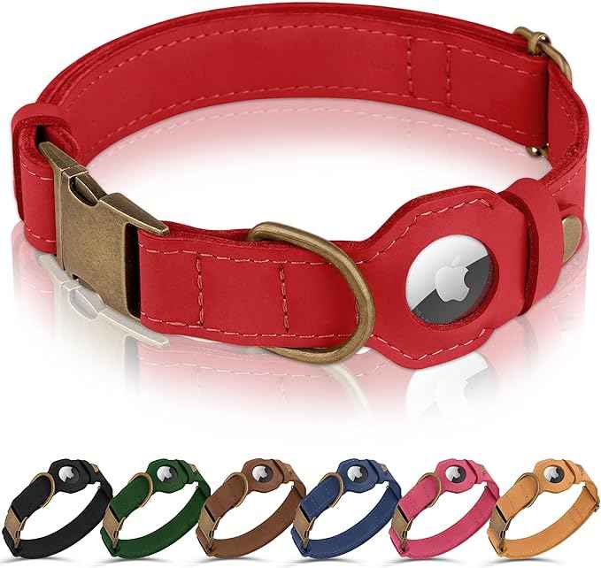 AirTag Dog Collar - Genuine Leather Dog Collar with Apple AirTag Holder and Metal Buckle - Smart GPS Tracking Pet Collars (Red, S, 12"-15" Neck Fit)