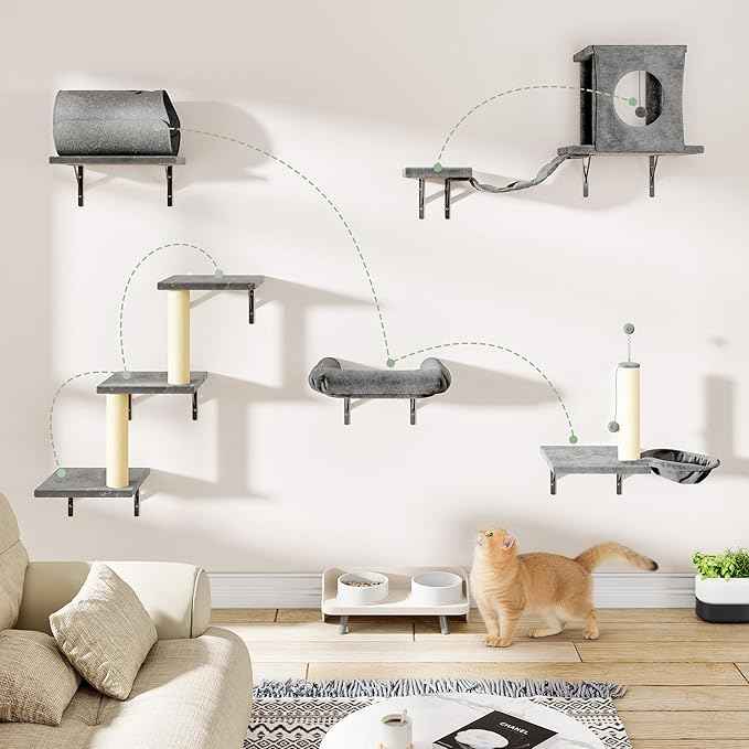 NUNU LAB Wall Mounted Cat Wall Shelves, 14-in-1 Cat Wall Climber with Bridge, Tunnel, House, Scratcher, Steps, Indoor Space-Saving Furniture for Kittens Play, Gray