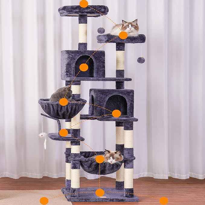 Heybly Cat Tree, 70 inches Tall Cat Tower Condo with Toy for Indoor Large Cats, Cat House Furniture with Padded Plush Perch, Cozy Hammock and Sisal Scratching Posts, Smoky Gray HCT032G