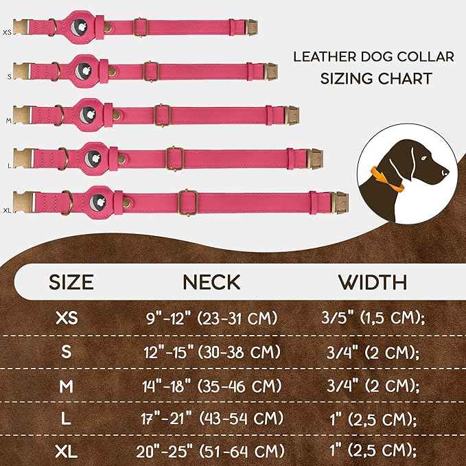 AirTag Dog Collar - Genuine Leather Dog Collar with Apple AirTag Holder and Metal Buckle - Smart GPS Tracking Pet Collars (Pink, M, 14"-18" Neck Fit)
