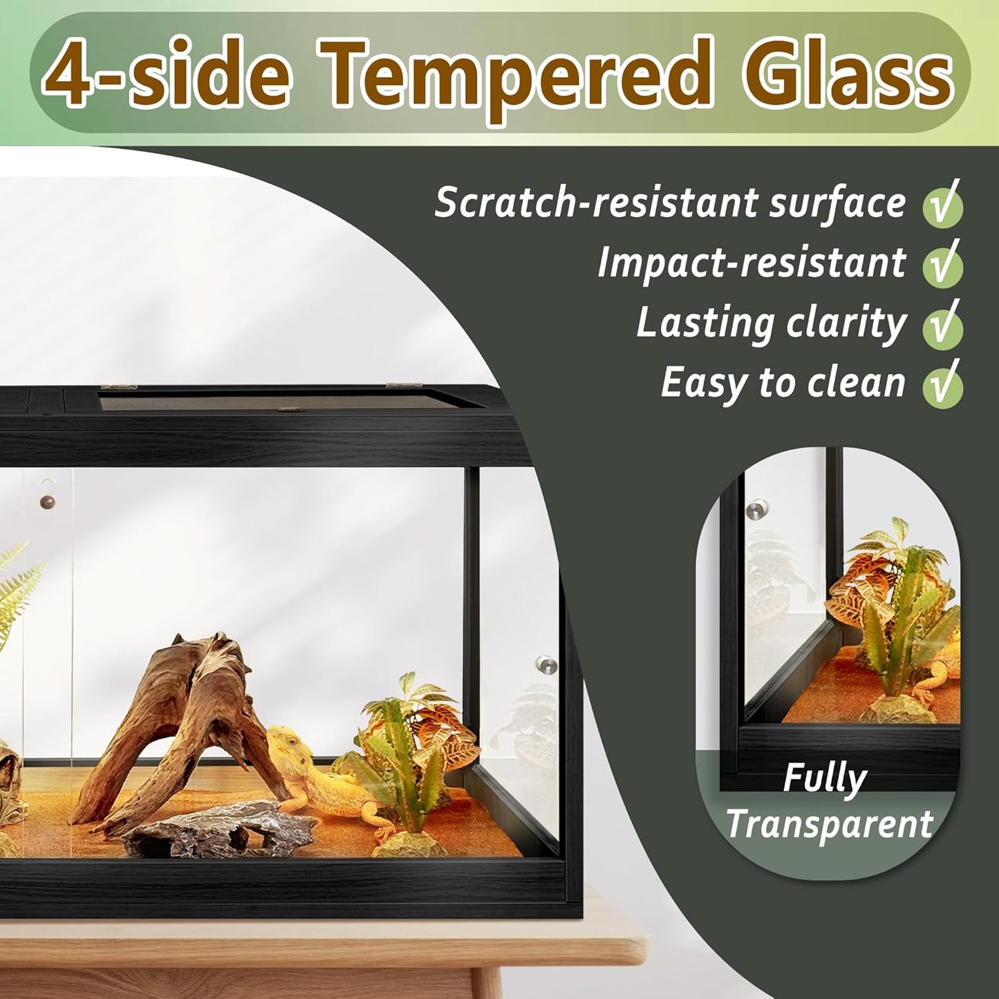 PROLEE Bearded Dragon Tank,Tempered Glass Reptile Tank with Mesh Roof and Front Sliding Door,Anti-Scratch Lizard Tank,Spacious Reptile Enclosure for Snakes,Lguanas (Black, 63Gallons,40"x20"x20") - FurryFun