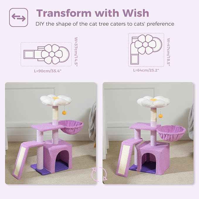 PETEPELA Flower Cat Tree for Indoor Cats, 32'' Small Cat Tower Cat Condo with Sisal Scratching Ramp, Cozy Hammock and Removable Flower Bed Perch for Kittens, Purple