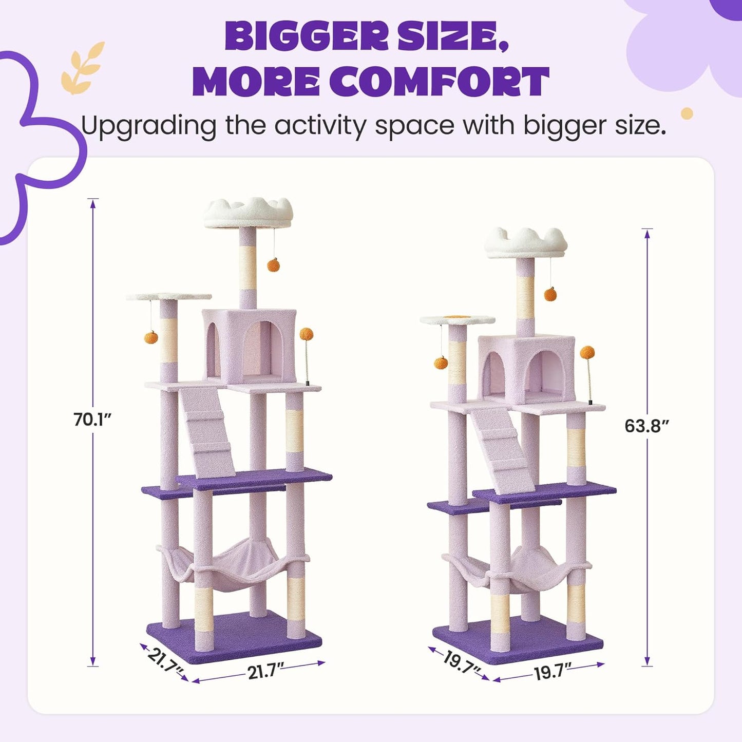 MWPO Flower Large Cat Tree, 70.1-Inch Multi-Level Tall Cat Tower for Indoor Cats, Plush Cat Condo with Big Padded Perches, Sisal-Covered Scratching Posts, Hammock, Toys for Kittens & Cats