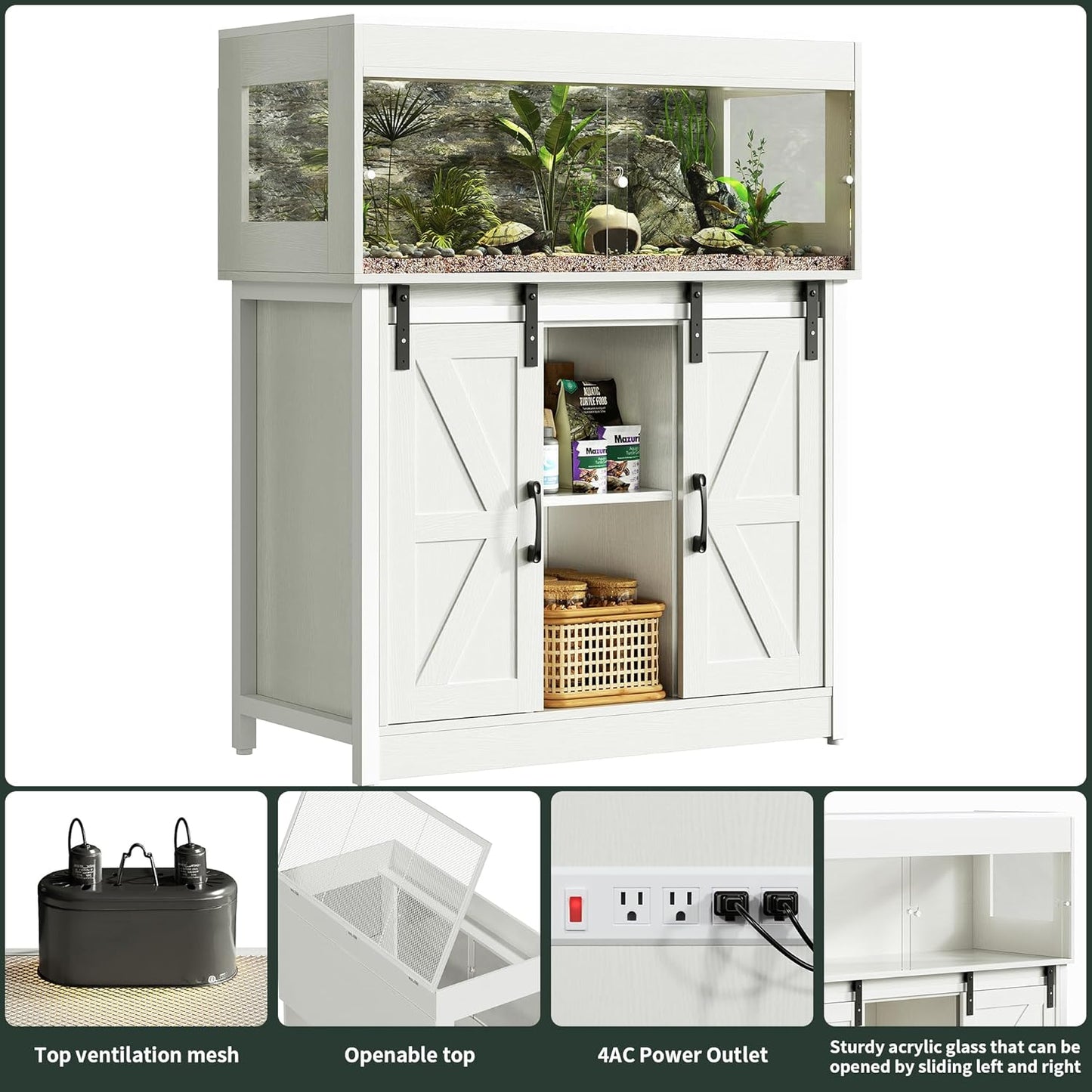 40 Gallon Reptile Terrarium with Stand, Reptile Tank with Barn Door and Storage, Vivarium with Acrylic Doors, Ventilated Mesh Top & Power Outlet, for Geckos, Lizards, Snakes White PX06RTW - FurryFun