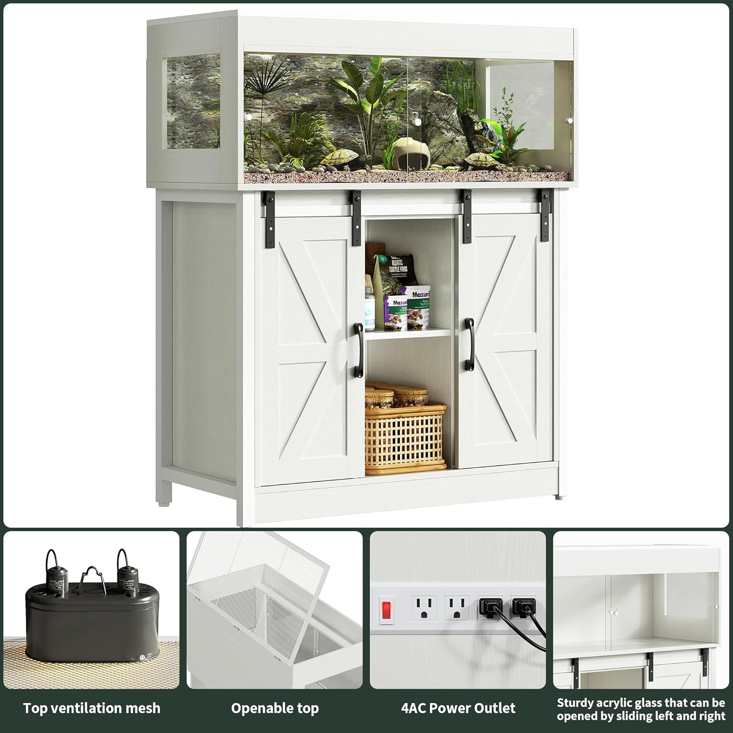 40 Gallon Reptile Terrarium with Stand, Reptile Tank with Barn Door and Storage, Vivarium with Acrylic Doors, Ventilated Mesh Top & Power Outlet, for Geckos, Lizards, Snakes White PX06RTW - FurryFun