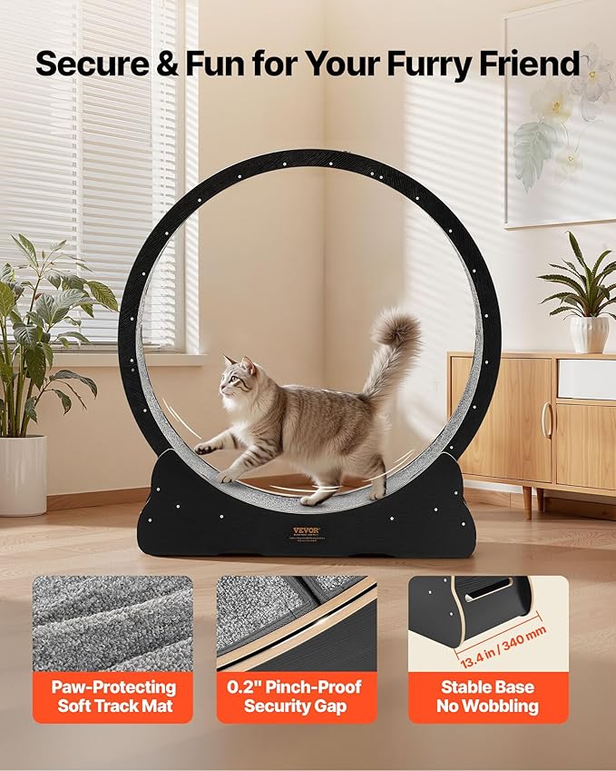 VEVOR Cat Exercise Wheel, 48 in Wooden Cat Running Wheel for Indoor Cats up to 28 lbs, Cats Treadmill with Carpeted Runway & Locking Mechanism, Quiet Kitten Sport Toys for Pets Fitness & Health, Black
