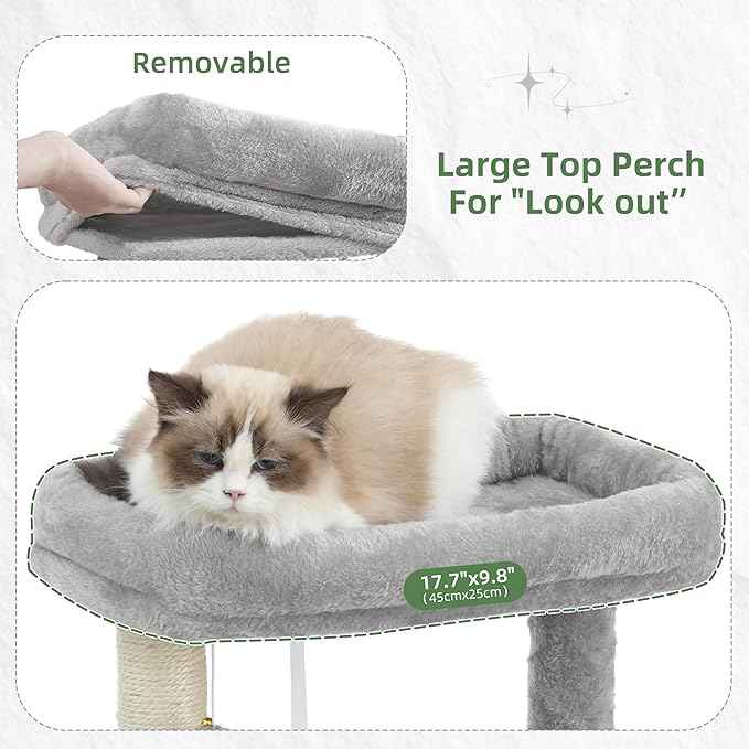 51.2'' Cat Tree Tower, Cat Tower with Scratching Post, Sturdy Steel Pube Cat Tree for Inoor Cats Large Adult, Cat Hammock and Basket, Padding Top Platform, Light Gray GCT014W