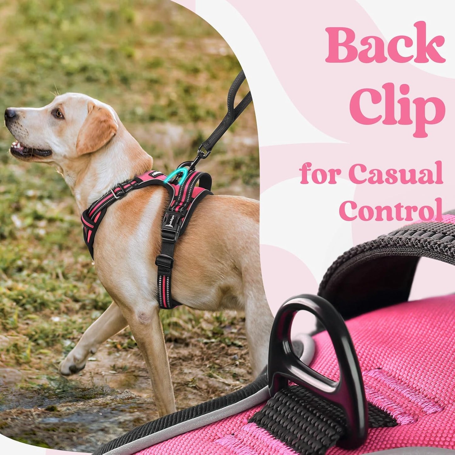 rabbitgoo Dog Harness for Large, No Pull Pet Harness with 3 Buckles, Adjustable Soft Padded Vest with Control Handle, Walking Reflective Pet Vest for Extra Large Dogs, Rose Pink, XL