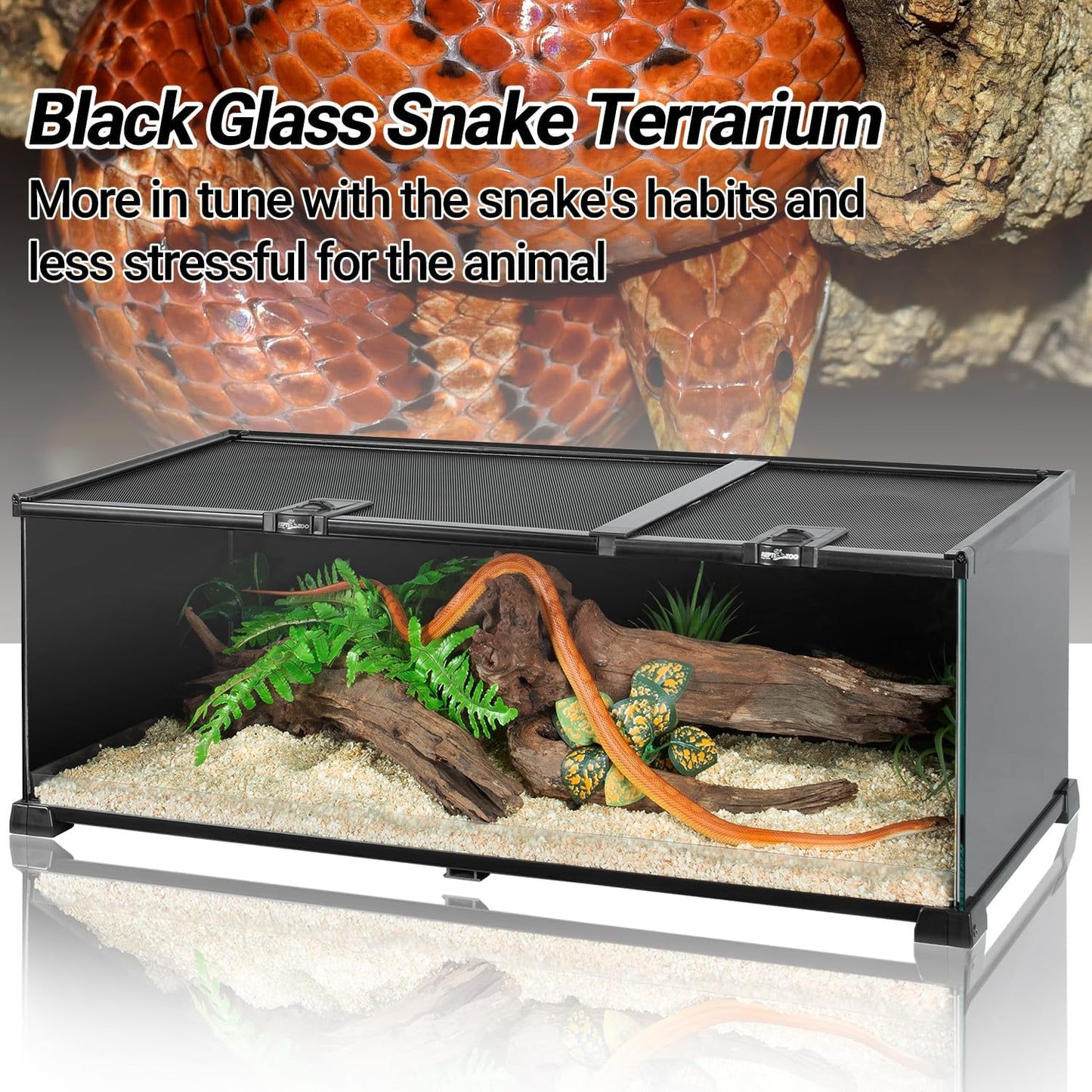 REPTIZOO Reptile Terrarium Tank 30" x 12" x 10", Black-Tinted Glass Snake Tank with Top Feeding Ports Top Screen Ventilation Reptile Habitat for Snake Spider - FurryFun