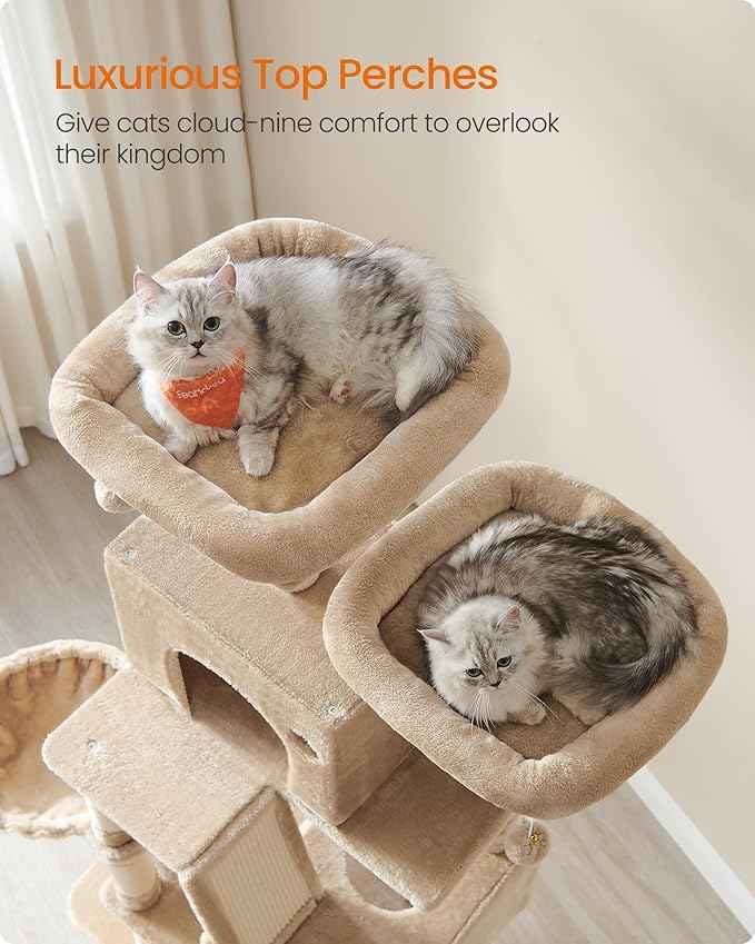 Feandrea Cat Tree, 81.1-Inch Large Cat Tower, Multi-Level Plush Condo with 13 Scratching Posts, 2 Perches, 2 Caves, Basket, Hammock, Pompoms, Camel Brown UPCT190K01