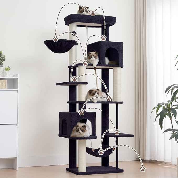 Cat Tree for Indoor Cats Large Adult, 70.5'' Cat Tower with Scratching Post, Sturdy Steel Pube Cat Tree Tower with Large Playing Platfrom, Hammock and Basket, Top Perch, Drak Gray GCT024G