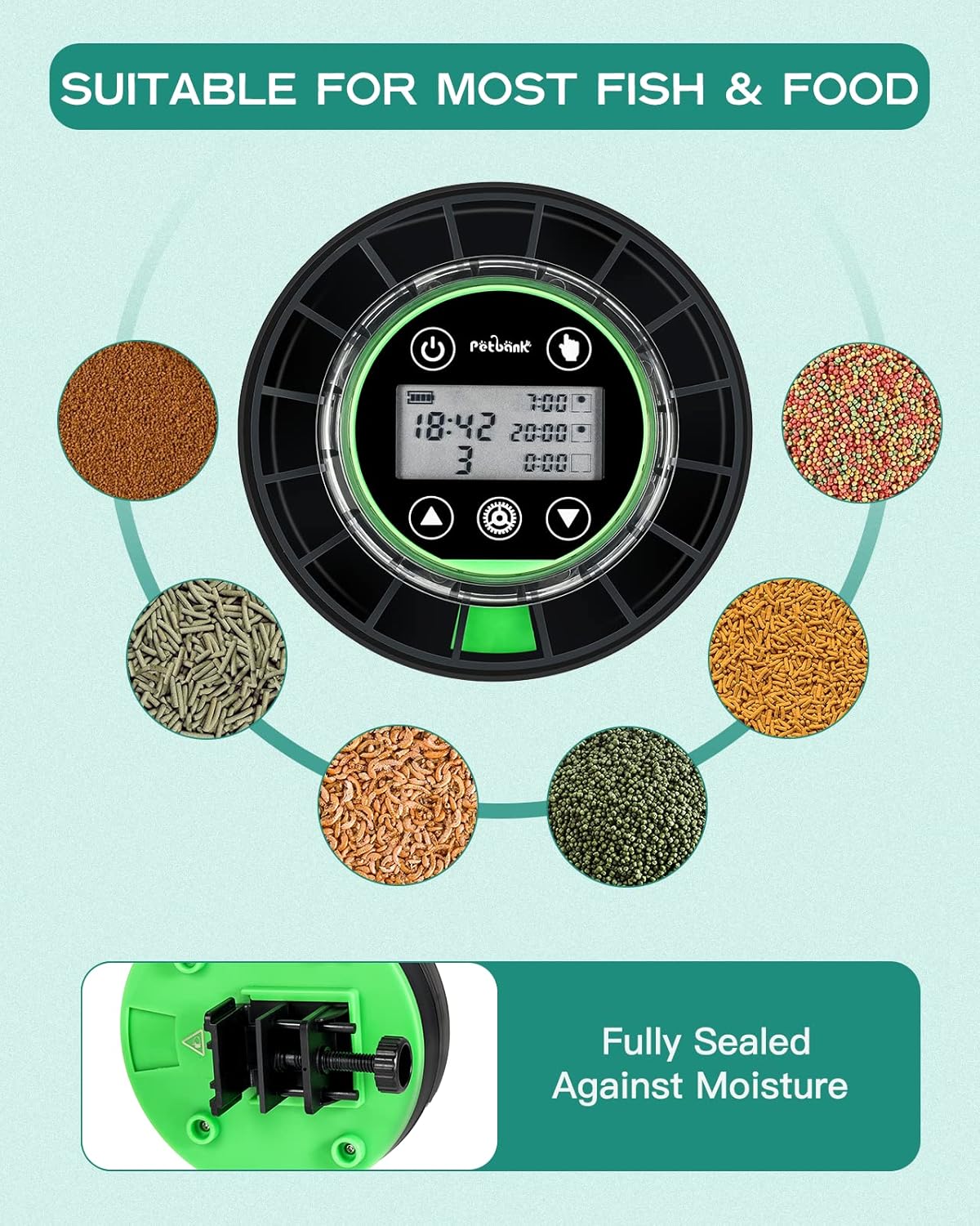 Petbank Automatic Fish Feeder for Aquarium - Moisture-Proof and Precision Feeding Betta Vacation Feeder, USB Rechargeable Auto Fish Food Dispenser with Timer,LCD Display