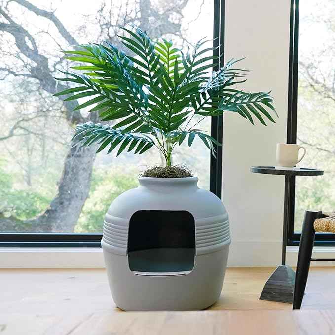 Good Pet Stuff Hidden Litter Box Planter, Decorative Cat Litter Enclosure with Carbon Filter, Artificial Plant, Easy Clean, Indoor Design, Original Round Style, Essentials Kit, Stone Gray