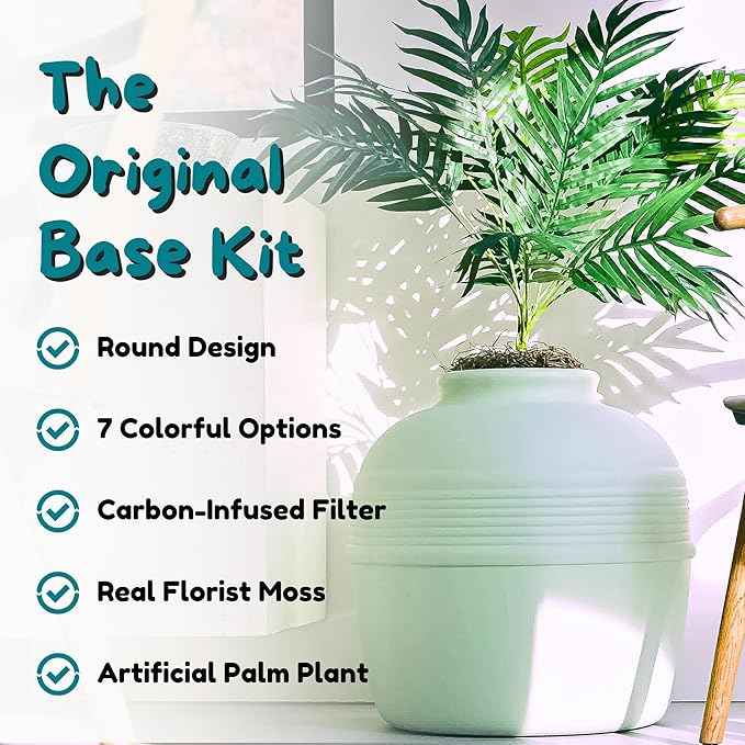 Good Pet Stuff Hidden Litter Box Planter, Decorative Cat Litter Enclosure with Carbon Filter, Artificial Plant, Easy Clean, Indoor Design, Original Round Style, Base Kit, Seagrass Green