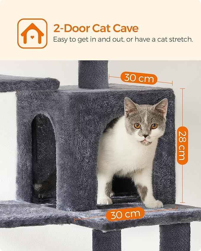 Feandrea Cat Tree, 55.1-Inch Cat Tower, Plush Multi-Level Condo with 4 Scratching Posts, 2 Perches, Hammock, Cave, Smoky Gray UPCT161G01