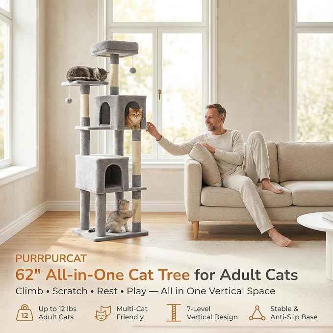 62" Cat Tree for Adult Cats - Multi-Level Tower with 2 Condos, Scratching Posts, Plush Bed & Pompoms, Gray