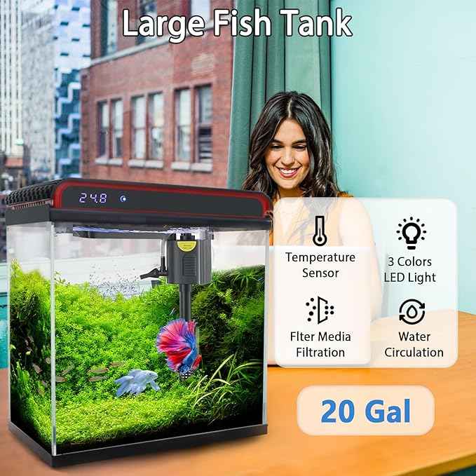 20 Gallon Fish Tank Smart Aquarium Kit, Glass Small Aquarium Starter Kits Self Cleaning with 3 Types of LED Lights and Filter Water Pump, Water Temperature Detection Ultra Quiet Gift for Kid