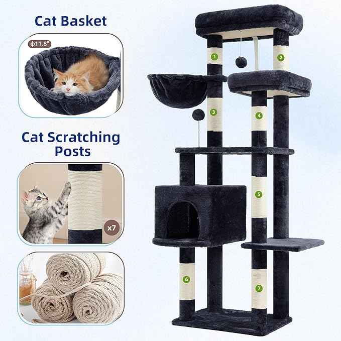 Cat Tree for Indoor Cats, 55.1 inch Cat Tower with 7 Sisal Scratching Posts, Multi-level Cat Condo wit Large Play Platform Furry Ball, Cat Cave, 2 Padded Perches, Basket, Smoky Gray GCT013G