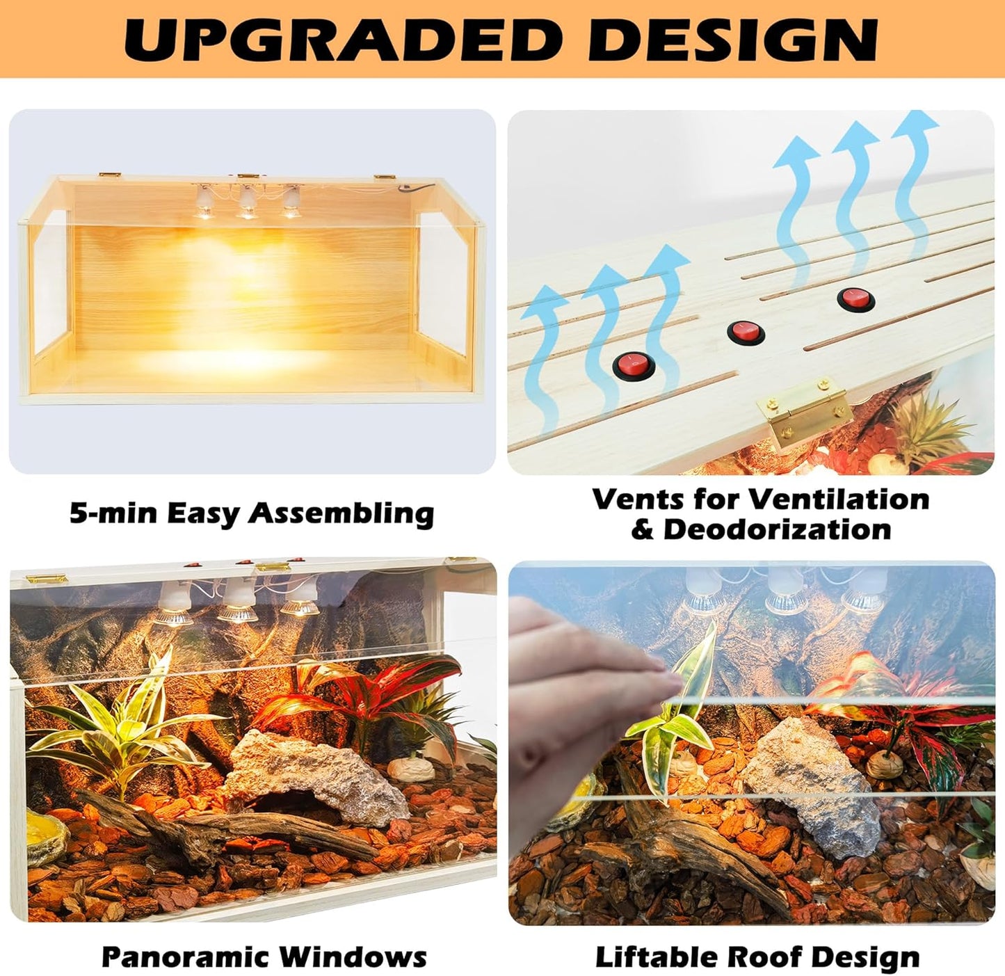 Prolee 68 Gallon Reptile Terrarium Tank Large 48 Inch Lizard Tank Bearded Dragon Tank with Roof Door, Snake Tank with Built-in Lamp Fixture and Switch, Side Windows, 48 Inch - FurryFun
