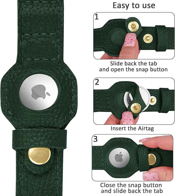 Leather Airtag Dog Collar - Soft Tracking Dog Collar with Apple AirTag Holder and Metal Buckle - Safety GPS Pet Collars for Small Medium Large Dogs Puppy Pink Red (Green, L, 17"-21" Neck Fit)