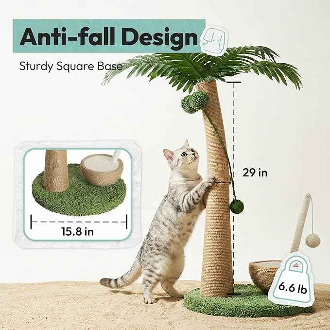 Cat Scratching Post 33 Inch Palm Tree with Hanging Balls and Coconut Straw Toy, Cat Scratcher for Indoor Kittens, Extra Stable Base, Paw-Friendly Jute Material M
