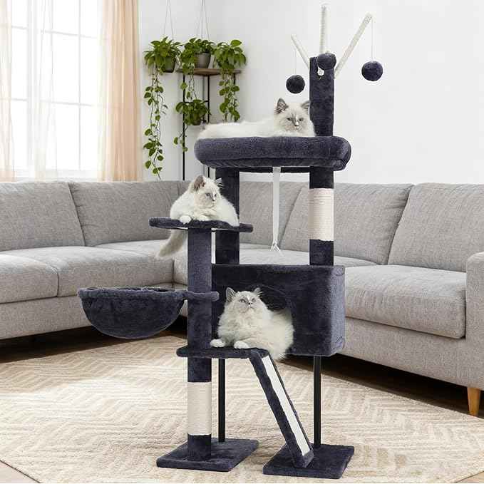 Cat Tree for Indoor Cats, Cat Tower with Scratching Post for Small Cats and Kittens, Cat House with Removable Top Platform and Fluffy Balls, Hanging Cat Basket, Smoky Gray GCT006SG