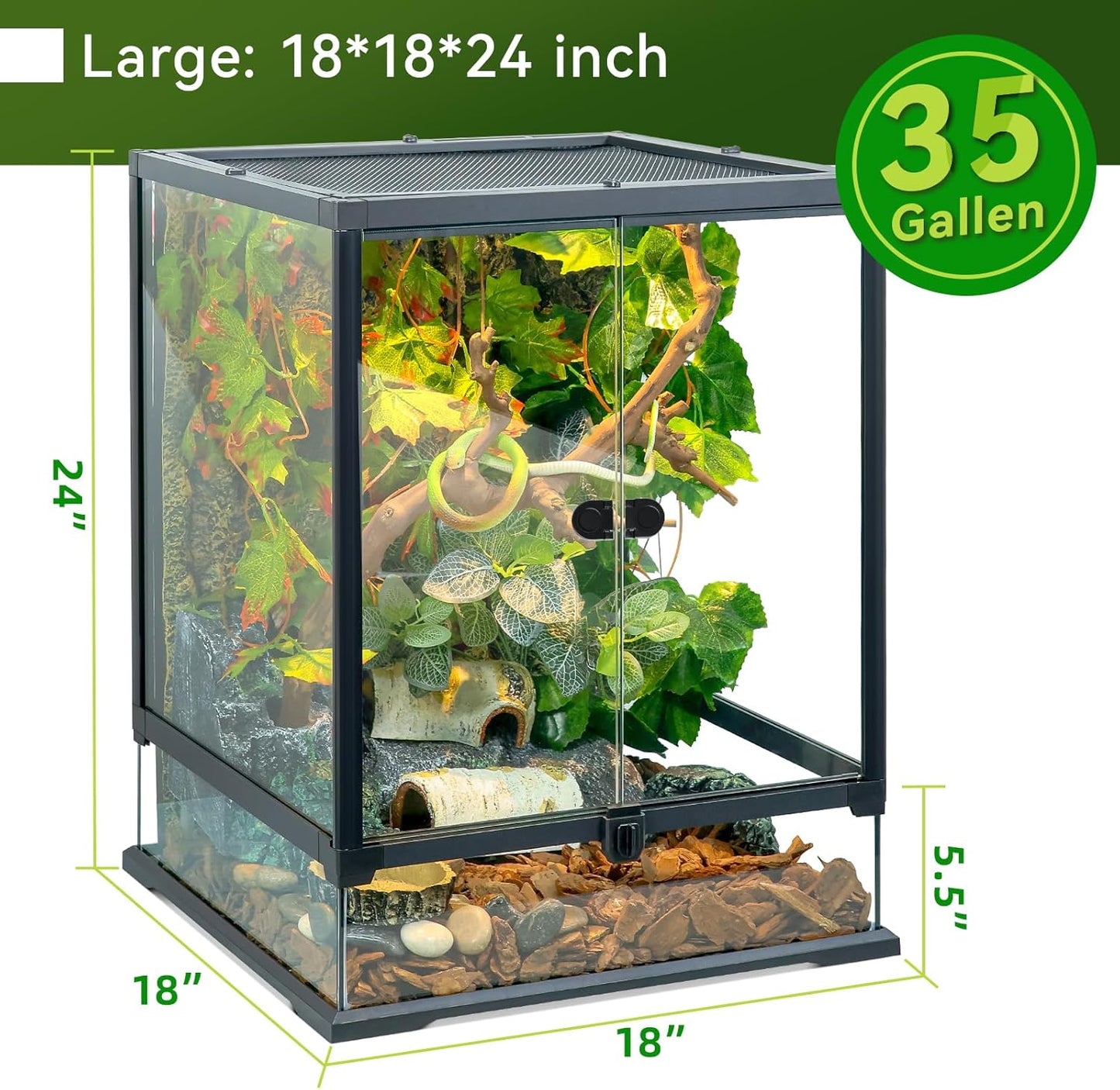 24x18x18'' 35 Gallon Glass Reptile Tank Front Opening Terrarium Suitable for Leopard Geckos, Snakes, Tree Frogs, Chameleons,Watertight Base, Ventilated Metal Mesh Top, Pre-Drilled Cable Holes - FurryFun