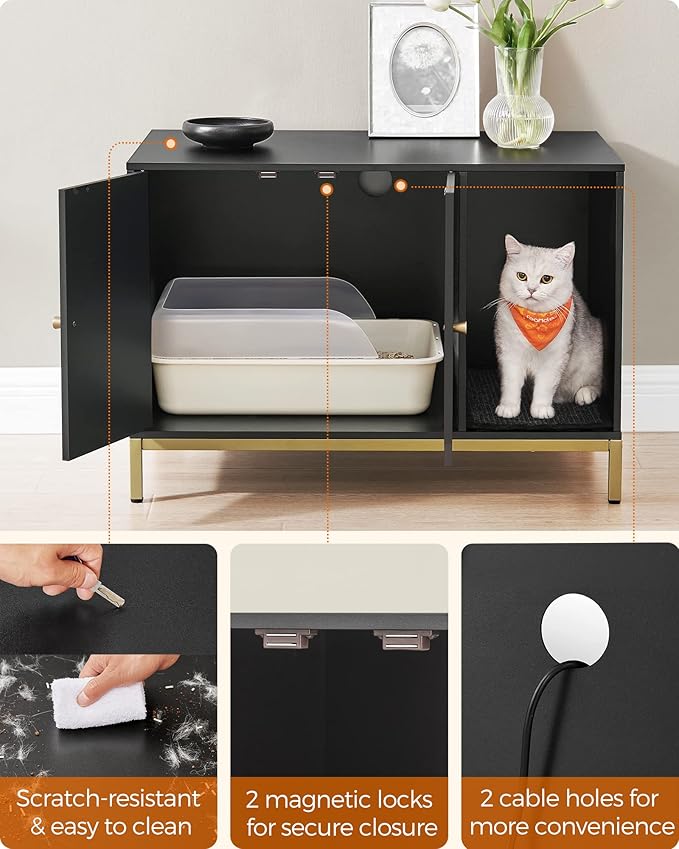 Feandrea Cat Litter Box Enclosure, Hidden Litter Box Furniture with Scratch Pad, Front Entry, Double Cabinet Doors, Modern Style, 31.5" Cat House Washroom Side End Table, Black and Gold