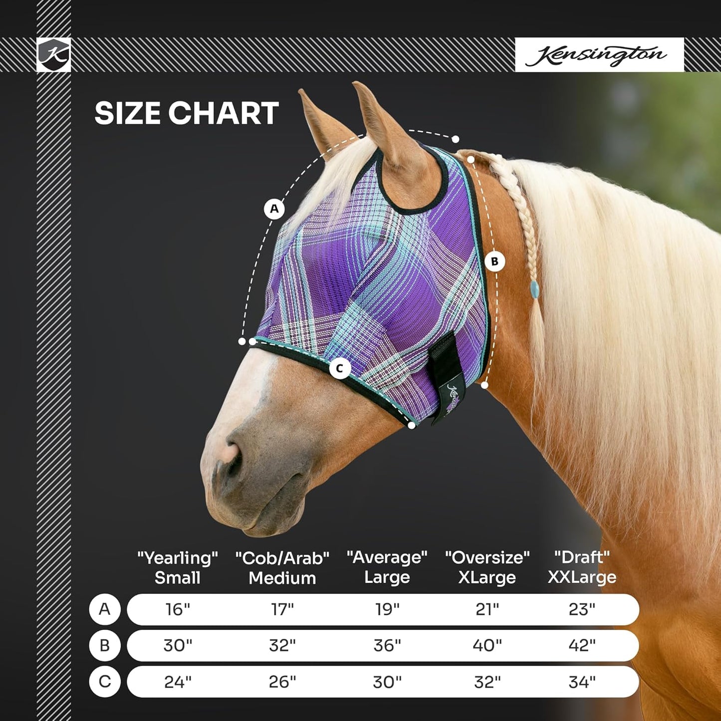 Kensington UV Horse Fly Mask with Web Trim - Protective Mask with Dual Ear Opening & Forelock Freedom - Large, Deluxe Black
