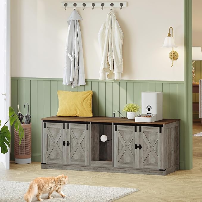 55" L Cat Litter Box Enclosure for 2 Cats, Double Hidden Litter Box Furniture with Scratch Pad, Wooden Cat Cabinet with USB Ports & Power Outlets, Farmhouse TV Stand, Greige CB82505X