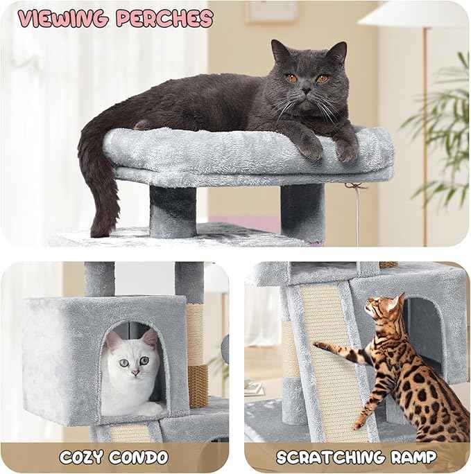 MoNiBloom Cat Tree Tower, 34 Inch Cat Tower with 2 Condos, Scratching Post & Sisal-Covered Scratching Board, Small Cat Climbing Tower, Pet Play House for Indoor Cats, Light Grey